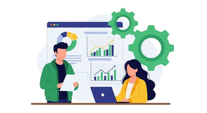 Two business people analyzing charts and graphs on a screen with gears, isolated on white background - Powered by Adobe