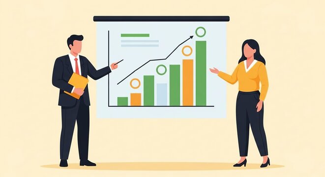 Business people presenting a growth chart and bar graph on a screen, isolated on white background