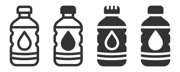Four bottles of water with the same label. The bottles are all black and white. The bottles are lined up next to each other. vector.