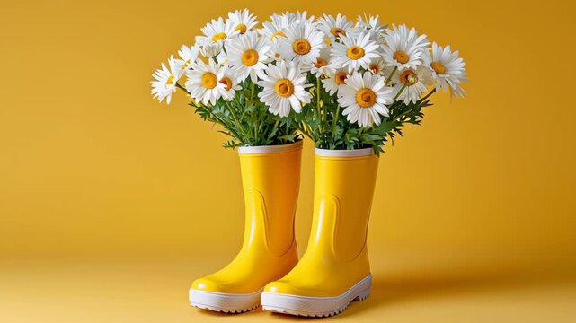 Vibrant yellow rubber boots filled with fresh daisies, showcasing a cheerful floral arrangement against a bright yellow background, capturing the essence of spring and nature's beauty in a playful dis