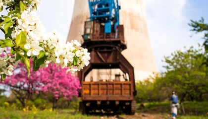 Obraz premium Spring blossoms near industrial structure