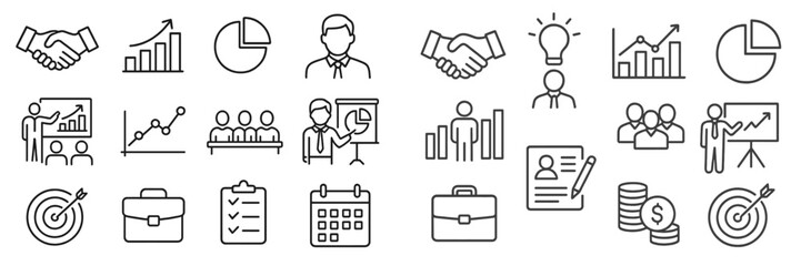 Set of business and finance line icons for corporate presentations and marketing materials including handshake, growth chart, and team symbols