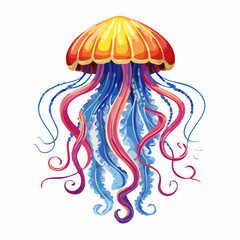 Fototapeta premium Beautifully detailed illustration of a majestic jellyfish with a vibrant orange bell and flowing, ornate blue and pink tentacles