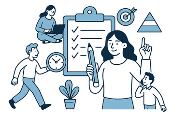 Modern flat design concept of business productivity, task management, and goal setting with people planning on a checklist