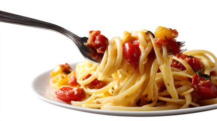 Closeup of a silver fork twirling freshly cooked spaghetti with rich tomato sauce, vibrant colors, detailed textures, and a clean white background with space for text