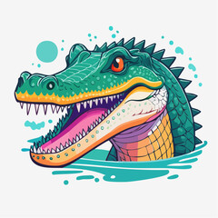 Obraz premium Dynamic illustration of a fierce cartoon alligator head with its mouth wide open. This vibrant and stylized reptile mascot is emerging from splashing water