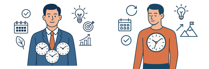 Work-life balance and productivity concept with two men representing different time management strategies and goals