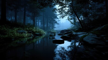 Pixelated Dark Forest Stream at Night