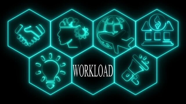 Conceptual neon illustration of workload and related business elements on black background