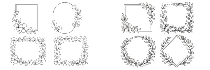 Collection of hand drawn floral frames and botanical wreaths with elegant sketch style line art for wedding invitations and decorative borders