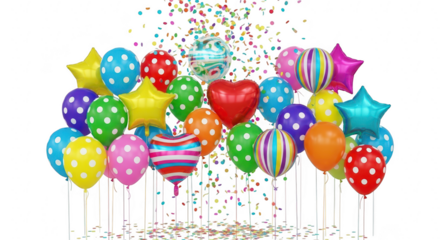 Colorful balloons and confetti isolated on transparent background