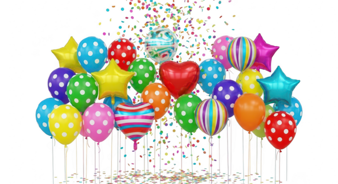Colorful balloons and confetti isolated on transparent background