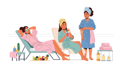 Three diverse women in fluffy bathrobes and towels enjoying a relaxing spa day with skincare products and refreshments on lounge chairs