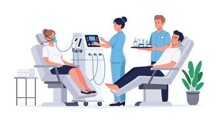 Medical professionals attending to patients undergoing dialysis treatment in a modern clinic with advanced equipment and sterile environment