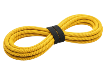 Bright yellow rope coiled securely with black tie for outdoor adventure and safety