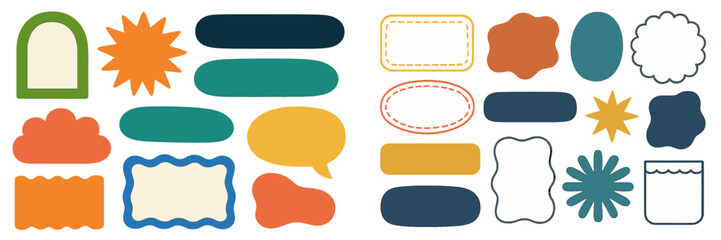 Collection of colorful abstract shapes, modern frames, and labels for text boxes and design elements