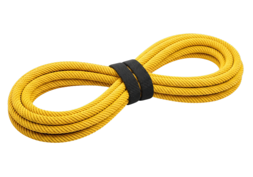 Bright yellow rope coiled securely with black tie for outdoor adventure and safety