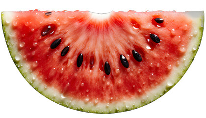 Close-up of a juicy watermelon slice with visible seeds and fresh water drops, isolated on a transparent background, perfect for summer advertising, beverage design, healthy food projects and creative