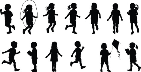 Naklejka premium Children silhouettes, playing, running, walking, jumping rope, reading, flying kite, childhood activities, kids movement, outdoor play, youth lifestyle icons
