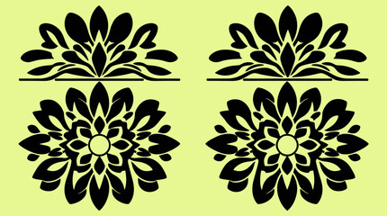 Four stylized floral designs in black, two semi-circular and two circular, arranged symmetrically on a light yellow background.