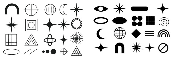 Collection of modern abstract geometric shapes and symbols in a minimalist brutalist style for graphic design elements