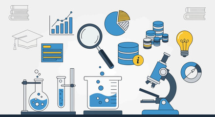 Infographic illustration showcasing data analysis tools and scientific research equipment