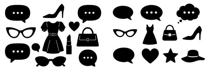 Black silhouette icon set of women's fashion accessories like dress, shoes, handbag, lipstick, and sunglasses with speech bubbles for communication