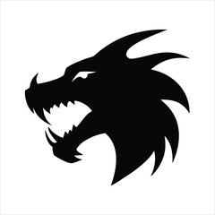 Black silhouette of a fierce dragon head with open mouth and sharp teeth