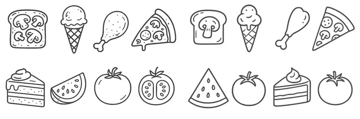 Set of various food icons in a doodle line art style including pizza, ice cream, chicken, cake, watermelon, and tomato