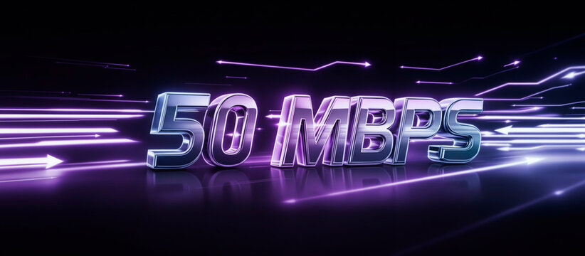 3D glowing text 50 MBPS with neon speed lines on dark background. Concept of fast internet, high speed data, and modern technology.