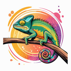 Colorful chameleon perched on a branch, a vibrant artistic creation with a modern pop art inspired design