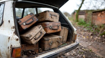 Several old suitcases are stacked in the open trunk of a weathered car parked on a muddy, rural path.