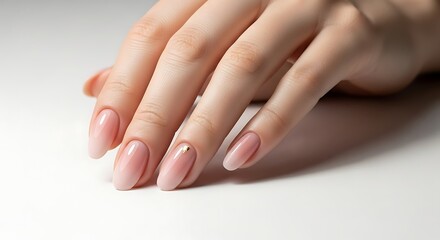 Fototapeta premium Elegant Hand with Perfect Manicure - Soft Pink Nails on White Surface, Close-Up.