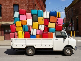 A small white truck overloaded with colorful suitcases is parked on a city street lined with brick buildings.