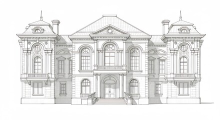 Elegant Classic Mansion Architectural Line Drawing. AI Generated