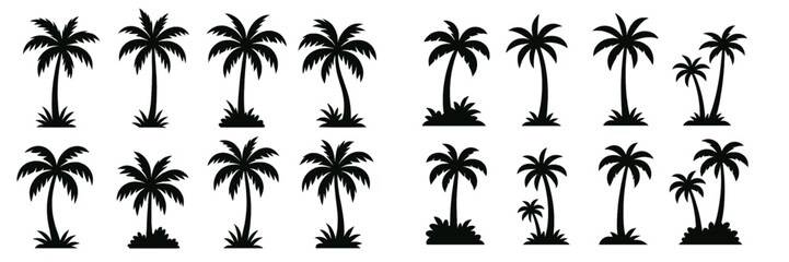 Set of black palm tree silhouettes isolated on a white background for tropical summer beach vacation designs