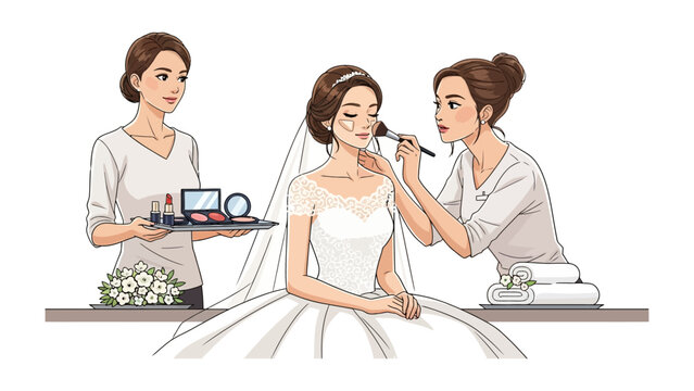 Bride receiving professional makeup application from two beauticians in preparation for wedding day ceremony with beauty products and bridal bouquet