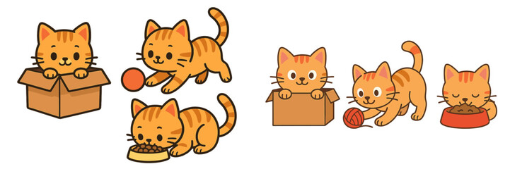 Set of cute orange tabby cat characters in different poses, playing with a ball, eating food, and sitting in a cardboard box