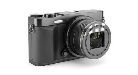 Fototapeta premium Black digital camera with lens, isolated on white background.