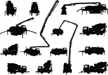 Concrete mixer and pump truck silhouettes, construction vehicles, cement delivery trucks, industrial machines, black vector illustrations, heavy equipment fleet, infrastructure transport