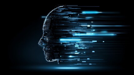 A striking digital rendering portrays a human head dissolving into streams of vibrant blue data, symbolizing the intersection of consciousness and technology in the modern age.