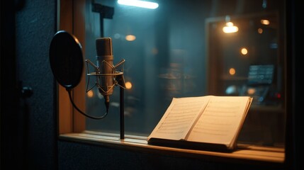 Professional voice-over recording booth with condenser microphone, pop filter and open music stand in warm studio lighting, cinematic background, horizontal 16:9