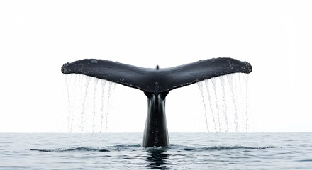Fototapeta premium Majestic whale fluke gracefully dives leaving shimmering water trails against bright sunlight. AI Generated