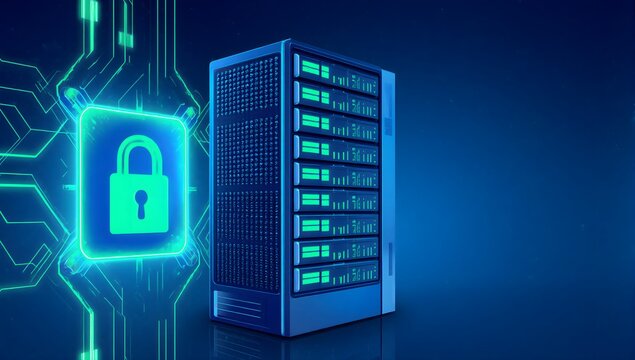 Secure server rack glowing with green indicators beside neon padlock icon, deep blue background, concept of data security, hosting, cloud infrastructure for IT services, presentations.
