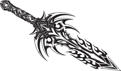 Intricate black and white illustration of a fantasy sword, adorned with sharp tribal patterns and a detailed handle, evoking power and ancient mystique