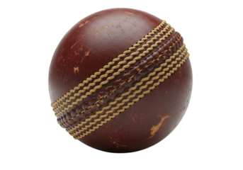 Close-up view of a traditional leather cricket ball with prominent seam detail and rich red hue