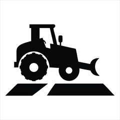 Black silhouette of a tractor with a blade on a white background