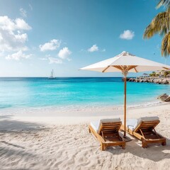 Obraz premium Tropical Beach Scene with White Umbrella and Sunbeds