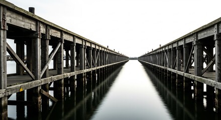 Serene long exposure photo shows parallel wooden piers extending into calm water.. AI Generated