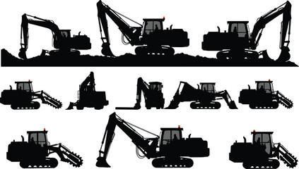 Heavy construction equipment silhouettes, excavators, trenchers, crawler dozers, backhoe loaders, industrial digging machines, black vector illustration, isolated set, earthmoving, mining, machinery
